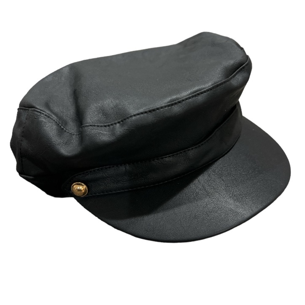 August Hats Black Faux Leather Fisherman Cap with Gold Button